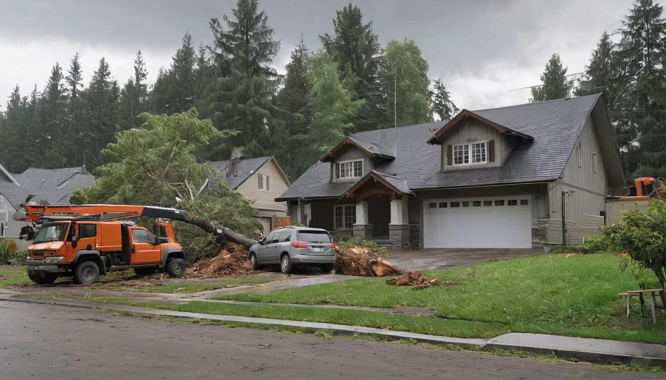Tree provider crew cutting a fallen tree safely in a residential yard in the Milliken area after a storm