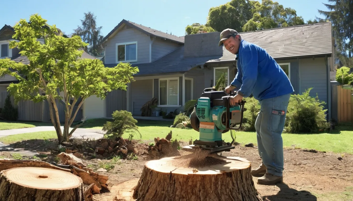 Provider grinding a tree stump in a backyard lawn in Milliken